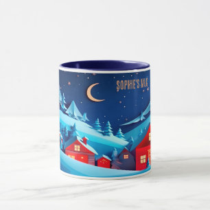 Gezellige kerst dorp scène. Bewerkbare naam. Mok
