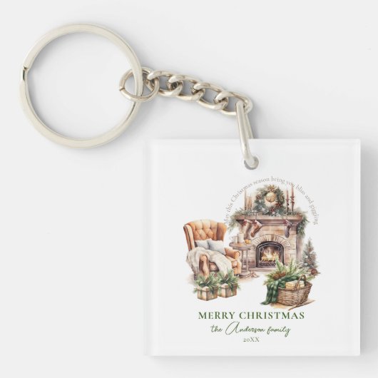 Gezellige kerst gepersonaliseerde familienaam sleutelhanger (voorkant)