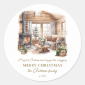 Gezellige kerst huis open haard gepersonaliseerd ronde sticker (Voorkant)