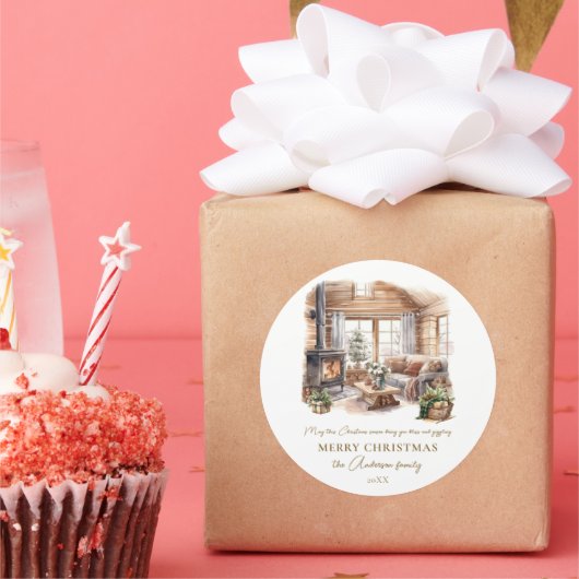 Gezellige kerst huis open haard gepersonaliseerd ronde sticker (Feest)