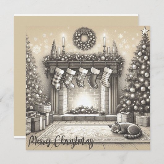 Gezellige Kerst Kat Schets Platte Kaart (Voorkant / Achterkant)