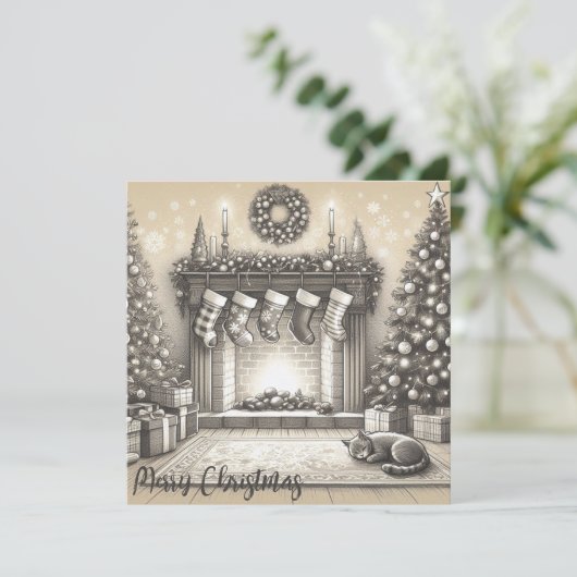 Gezellige Kerst Kat Schets Platte Kaart (Staand voorkant)