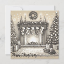 Gezellige Kerst Kat Schets Platte Kaart