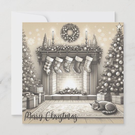 Gezellige Kerst Kat Schets Platte Kaart (Voorkant)