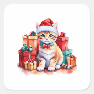 Gezellige Kerst Kat Sticker – Schattige Kat met Gi