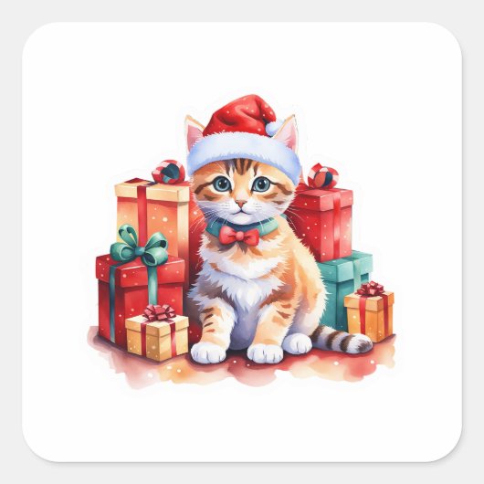 Gezellige Kerst Kat Sticker – Schattige Kat met Gi (Voorkant)