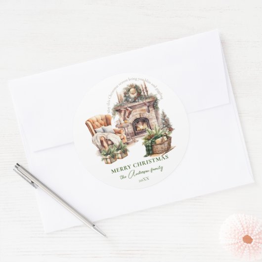 Gezellige kerst open haard gepersonaliseerd ronde sticker (Envelop)