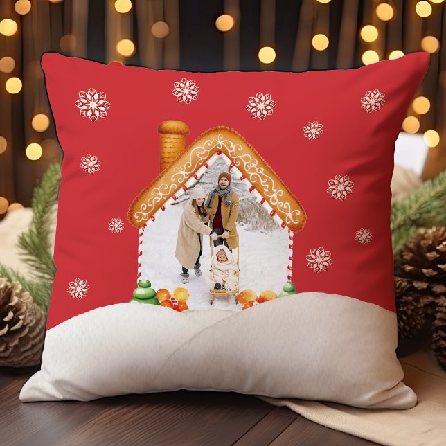 Gezellige kerst peperkoek huis foto vakantie kussen (Cozy Christmas Gingerbread House Photo Holiday Throw Pillow)