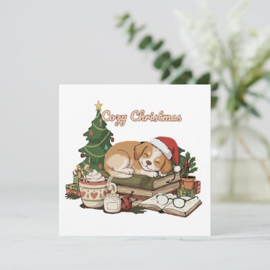 Gezellige Kerst Slapen Puppy & Boeken  Feestdagenkaart (Staand voorkant)