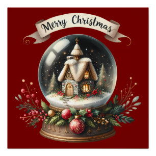Gezellige Kerst Sneeuw Wereldbol Cottage Scene Perfect Poster