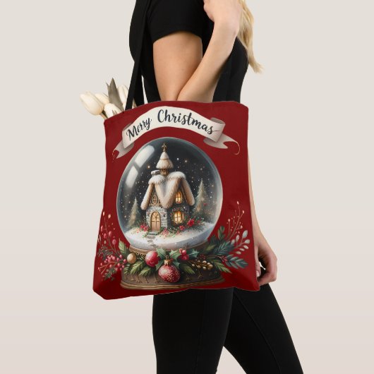 Gezellige Kerst Sneeuw Wereldbol Cottage Scene Tote Bag (Dichtbij)