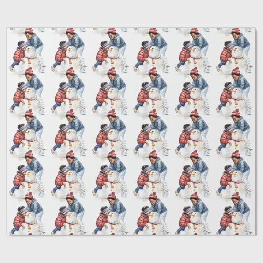 Gezellige Kerst Zwart Kind Bouwen een Sneeuwman Cadeaupapier (Vlak)