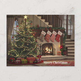 Gezellige kerstavond door de open haard kousen briefkaart