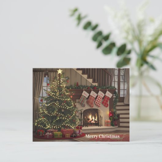 Gezellige kerstavond door de open haard kousen briefkaart (Staand voorkant)