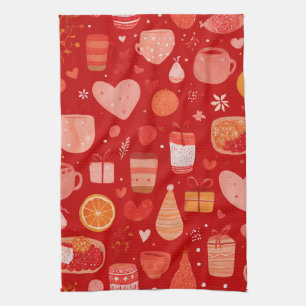 Gezellige kerstbekers en cadeaus rode patroon theedoek