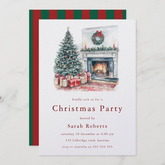 Gezellige kerstboom & open haard kerstfeest kaart (Voorkant / Achterkant)