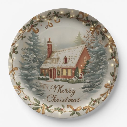 Gezellige kerstcottage papieren bord (Voorkant)
