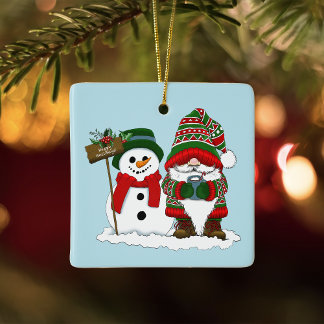 Gezellige Kerstkabouter Sneeuwman Winter Vakantie  Keramisch Ornament