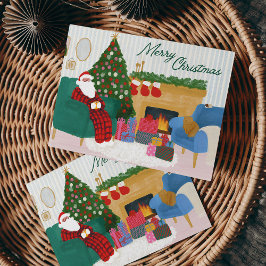 Gezellige Kerstman in Pyjama Geïllustreerde Kerst  Feestdagenkaart