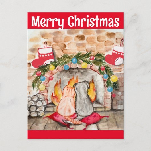 Gezellige kerstmantel met hond en kat briefkaart (Voorkant)