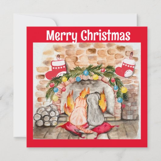 Gezellige kerstmantel met hond en kat kaart (Voorkant)