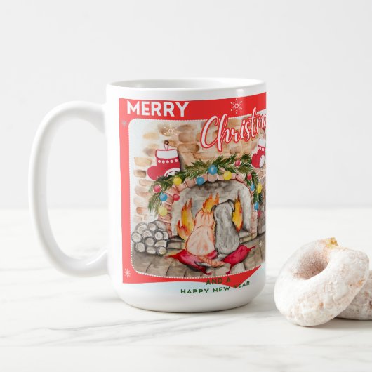 Gezellige kerstmantel met hond en kat koffiemok (Met donut)