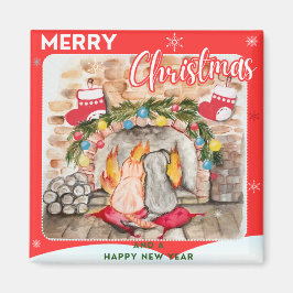 Gezellige kerstmantel met hond en kat magneet