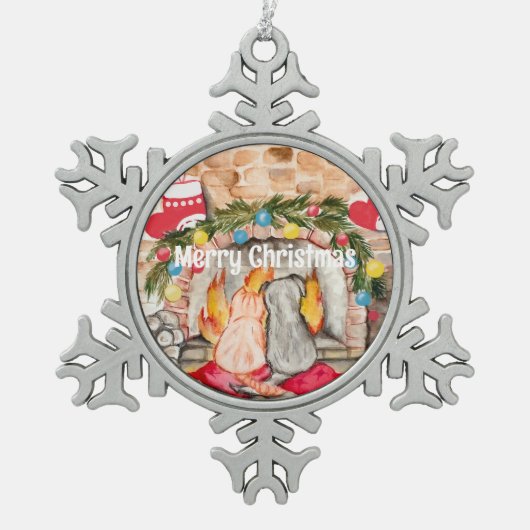 Gezellige kerstmantel met hond en kat tin sneeuwvlok ornament (Voorkant)