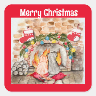 Gezellige kerstmantel met hond en kat vierkante sticker