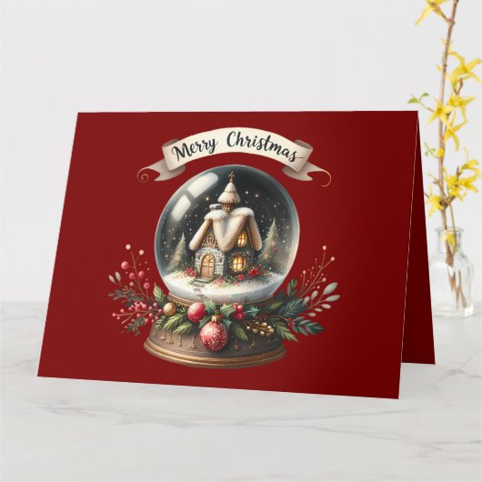 Gezellige Kerstmis Sneeuwbolhuisje Scene Kaart (Gele Bloem)