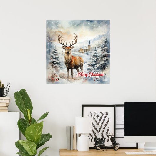 Gezellige Kerstmis winterscène met rendieren Poster (Thuiskantoor)