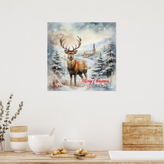 Gezellige Kerstmis winterscène met rendieren Poster (Keuken)