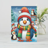Gezellige kerstpinguïn met feestelijke sjaal feestdagenkaart (Staand voorkant)