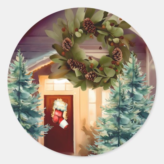 Gezellige kerstscène sparren bomen ronde sticker (Voorkant)