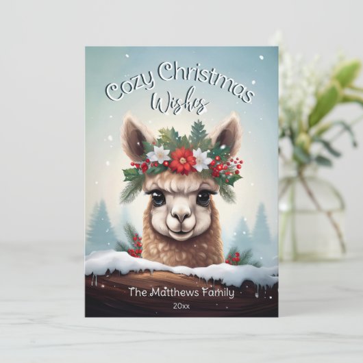 Gezellige kerstwensen Winter Wonderland Alpaca Feestdagenkaart (Staand voorkant)