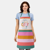 Gezellige Keuken Bright Stripe Custom Name Holiday Schort (Gedragen)