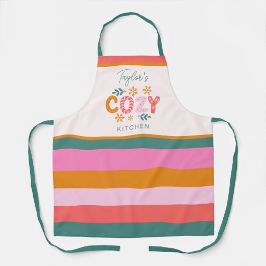 Gezellige Keuken Bright Stripe Custom Name Holiday Schort (Voorkant)