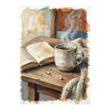 Gezellige koffie- en boekwaterverfposter | Hygge R