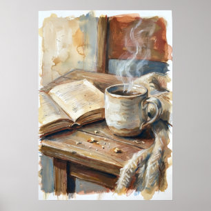 Gezellige koffie- en boekwaterverfposter Hygge R Poster