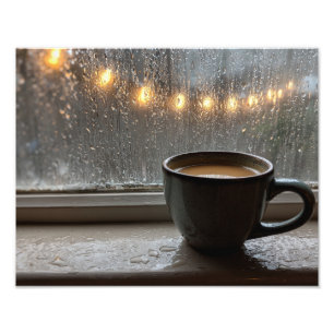 Gezellige koffiekop regenachtig raam lichtsfeer foto afdruk
