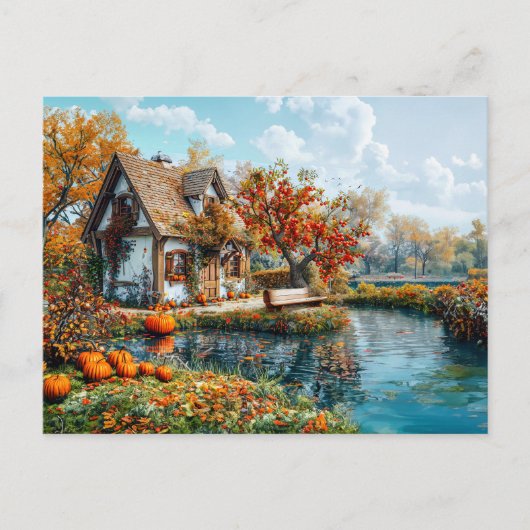 Gezellige Lakeside Cottage in de herfst illustrati Briefkaart (Voorkant)