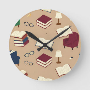 Gezellige leeshoek boekenpatroon ronde klok