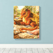 Gezellige Lezende Draak Canvas Afdruk (Insitu (Houten vloer))