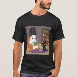 Gezellige Lezende Geest met Katten Halloween Scène T-shirt