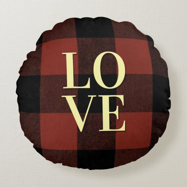 Gezellige liefde Rood en zwart Buffalo Plaid Desig Rond Kussen (Voorkant)