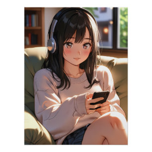 Gezellige Lofi Anime Meisje Hoofdtelefoon Ontspann Perfect Poster