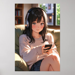 Gezellige Lofi Anime Meisje Hoofdtelefoon Ontspann Poster