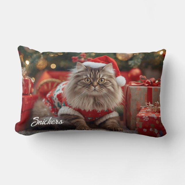 Gezellige Maine Coon Kat Kerstmis gepersonaliseerd Kussen (Voorkant)