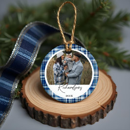 Gezellige Marine en Blue Plaid stof Familie Foto Keramisch Ornament
