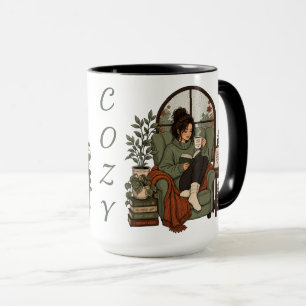 Gezellige Meisje Koffie Boeken Regenachtige Dagen Mok